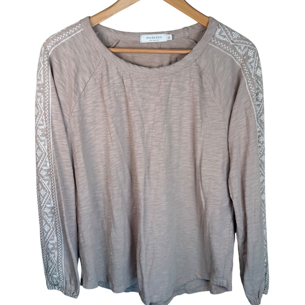 Mododoc Embroidered Sleeve Top Womens Medium Taupe Boho Slub Cotton Long Sleeve